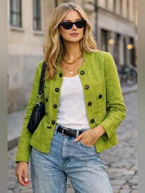 Max Mara Apple Green 100% Linen Collarless Jacket